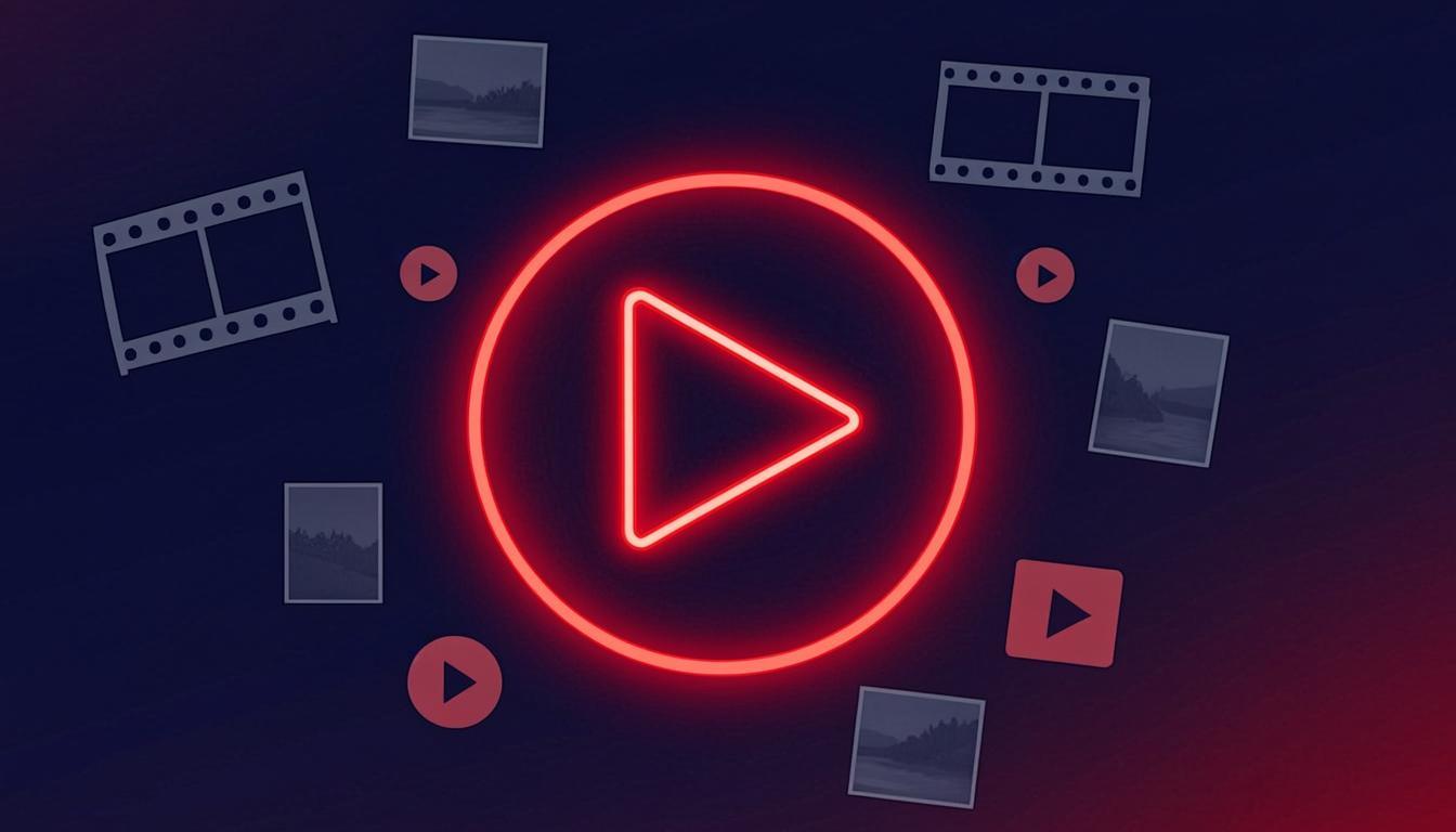 Video play button surrounded by glowing film frames and screen icons